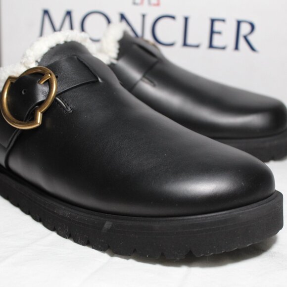 NWB Moncler Bell Mule Faux Shearling Lined Mules Flats Slip Ons Black Leather 41 - Picture 4 of 10